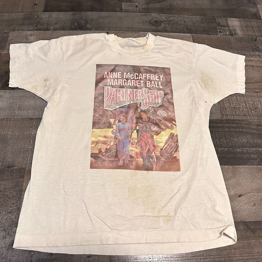 Vintage Partnership Book Art Shirt Anne‎ McCaffrey Margaret Ball Stained Size L?